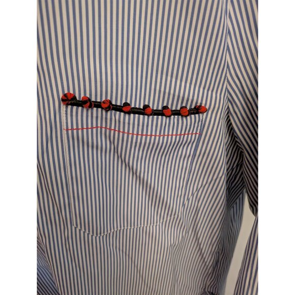Zara Blue Stripe Shirt w/ Pom-Pom Embellishment - Size Medium - Picture 6 of 15